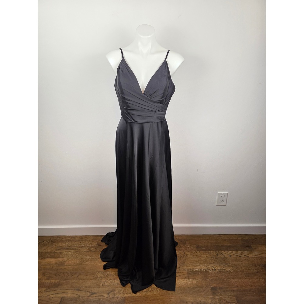 Ladivine by Cinderella Divine Black Satin Pleated V-Neck Evening Gown Slit 12